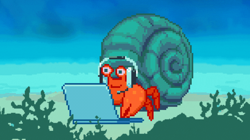 Anomura pixel art: a hermit crab in a teal shell working on a laptop on the sea floor